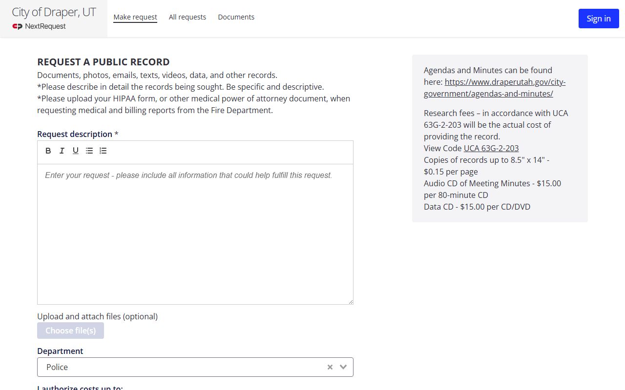 Draper police records portal page