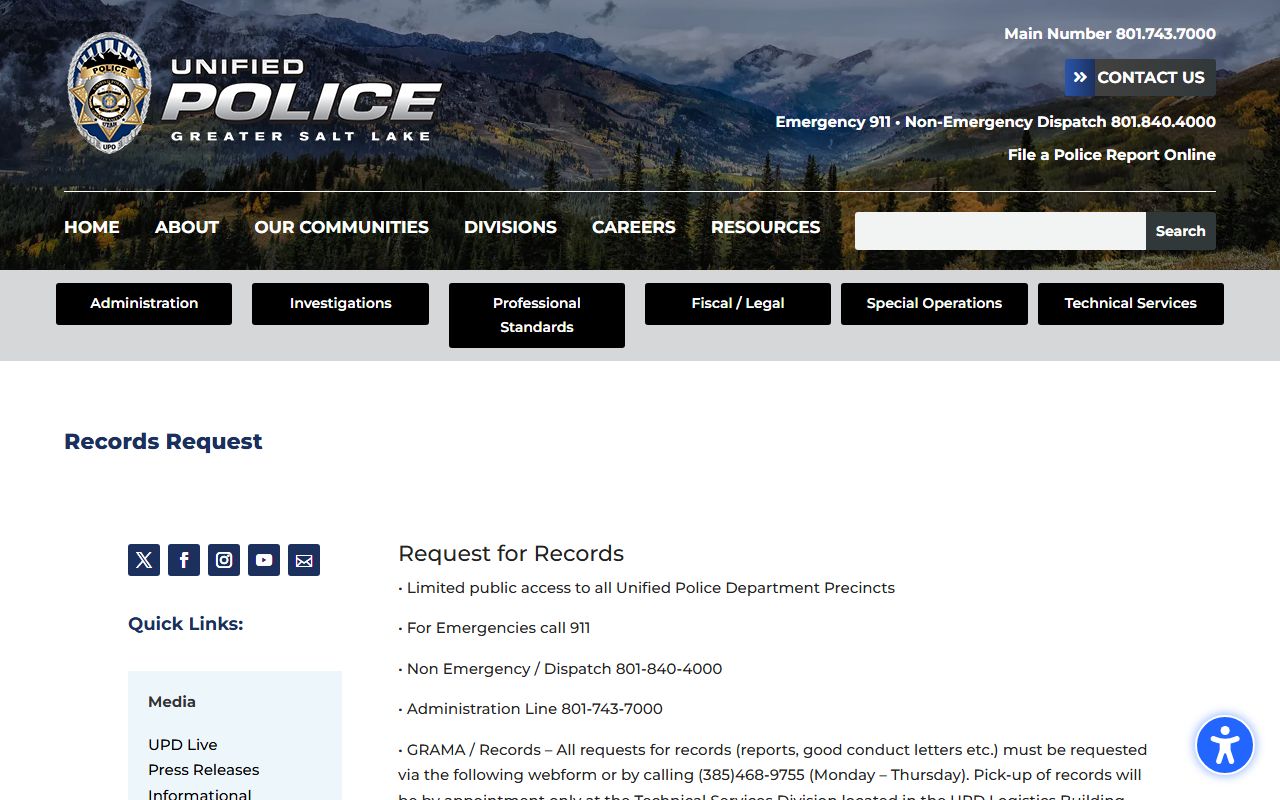 Draper police records request page from Unified Police