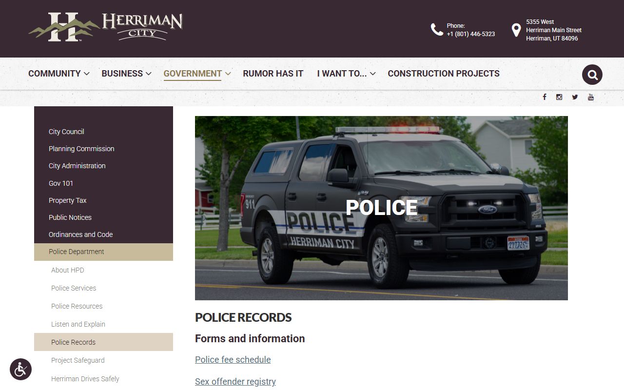 Herriman police records page for Herriman Police Department
