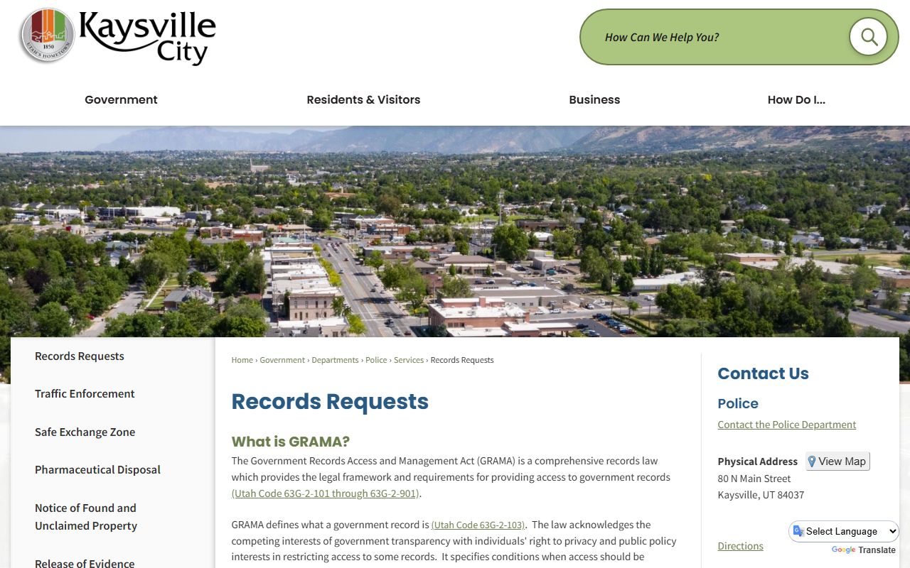 Kaysville records requests page for police records