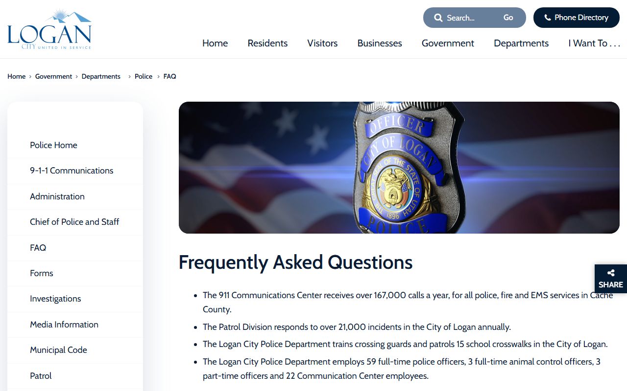 Logan police department FAQ page