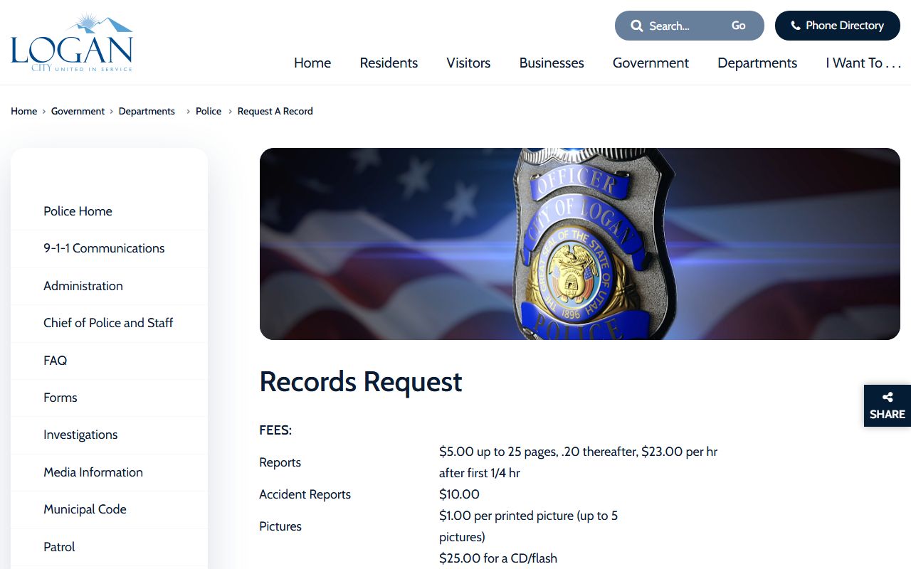 Logan police records request page