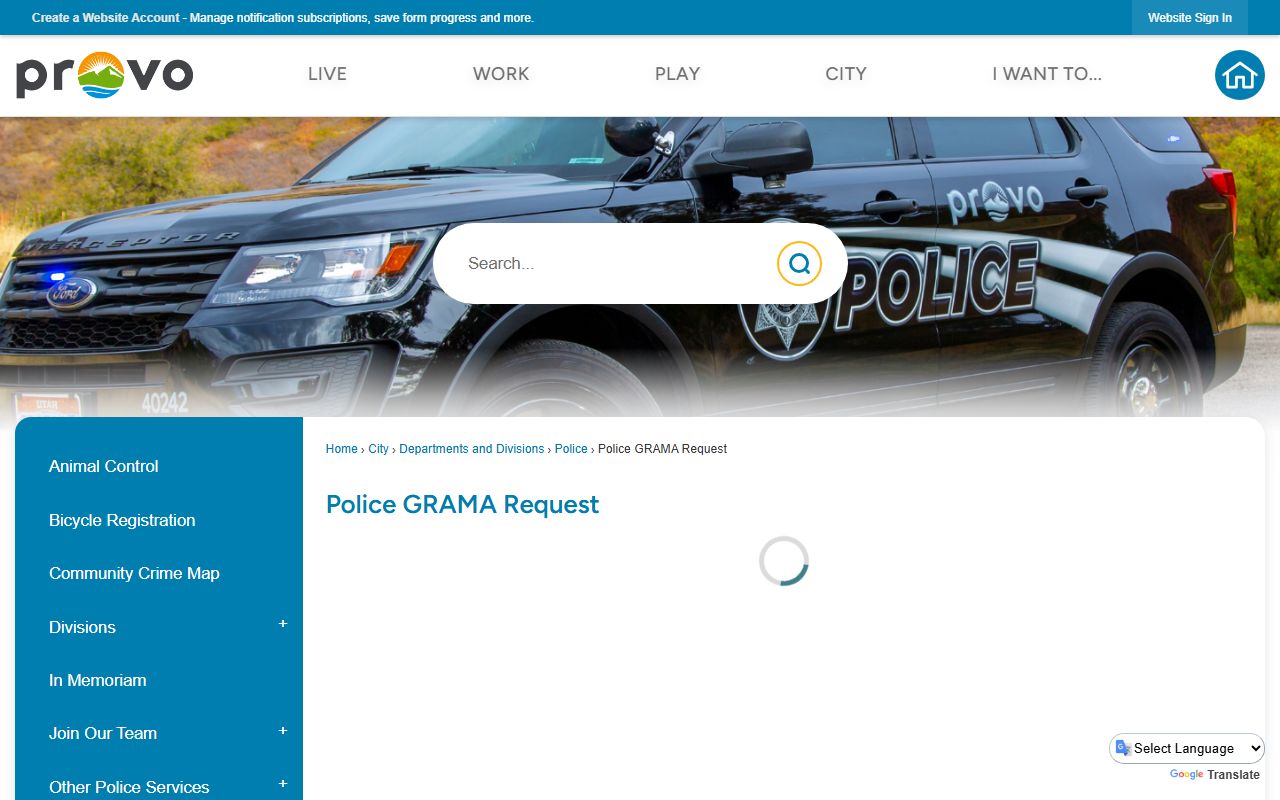 Provo police records GRAMA request page for Provo Police Department