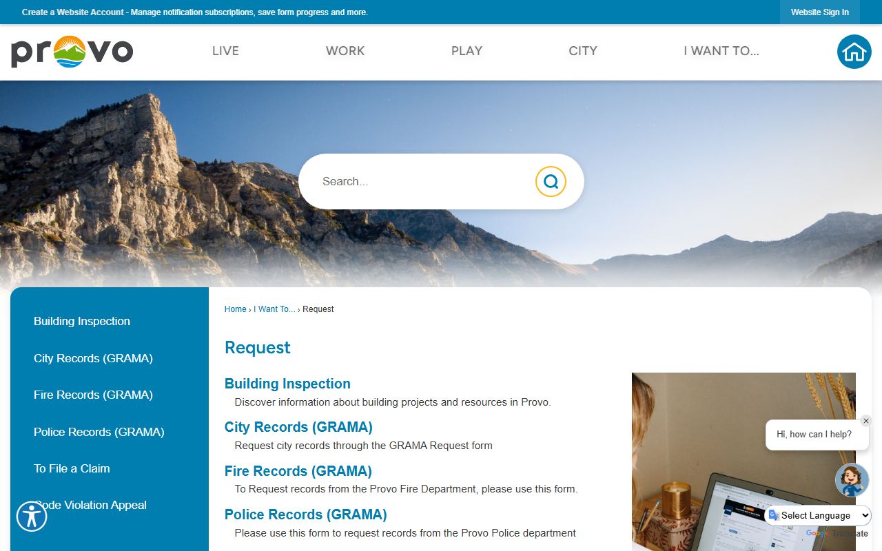 Provo city request portal with police records option for Provo Police Department