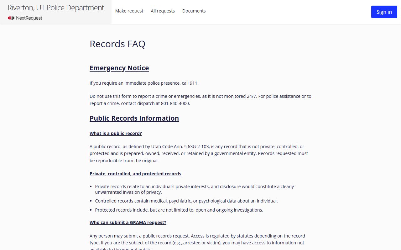 Riverton police records FAQ page for Riverton police records