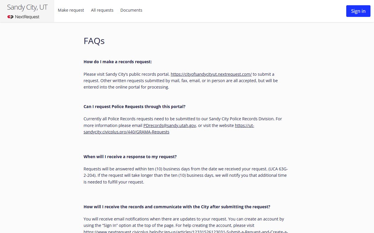 Sandy City police records FAQ page