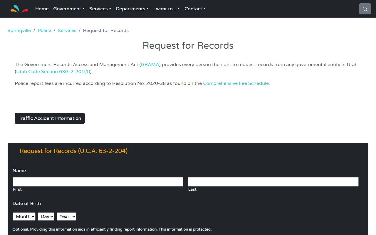 Springville police records request page