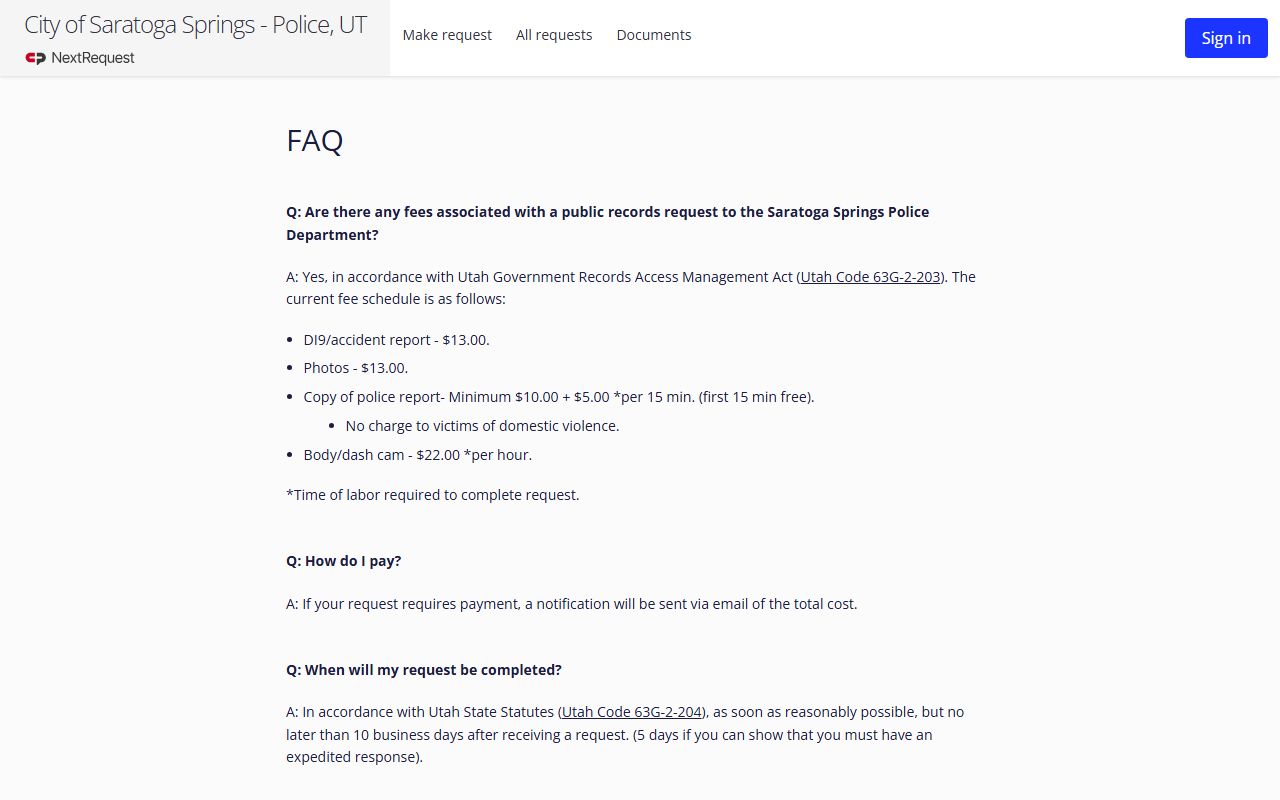 Saratoga Springs police records FAQ page