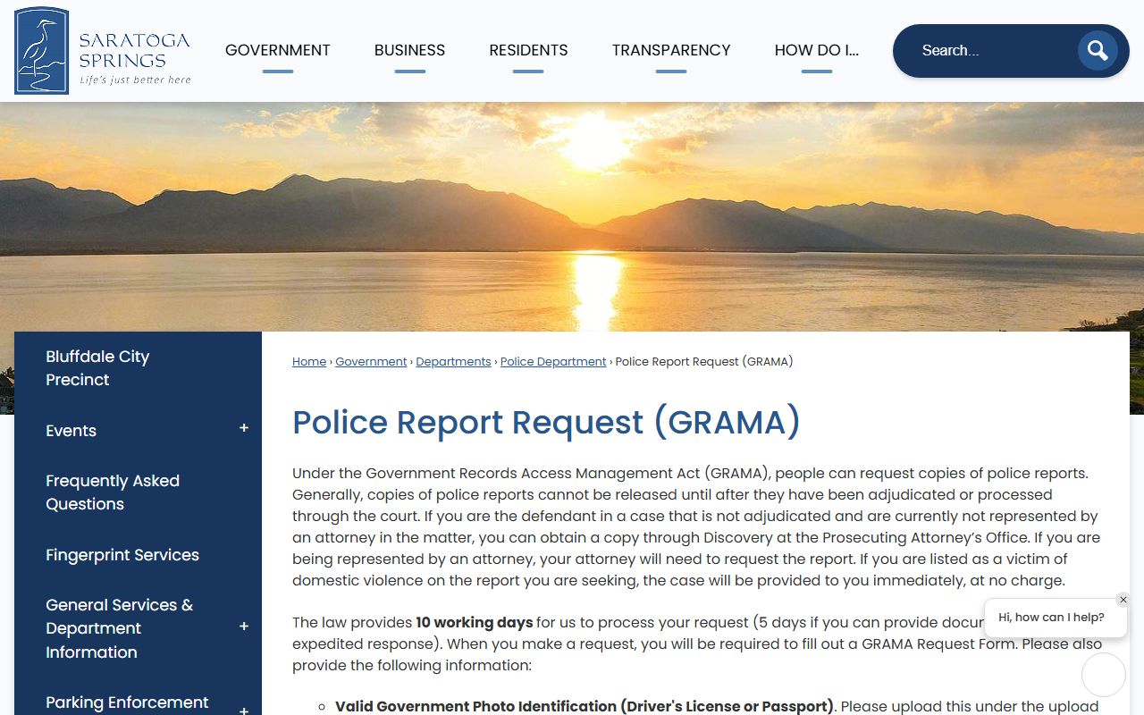 Saratoga Springs police report request page