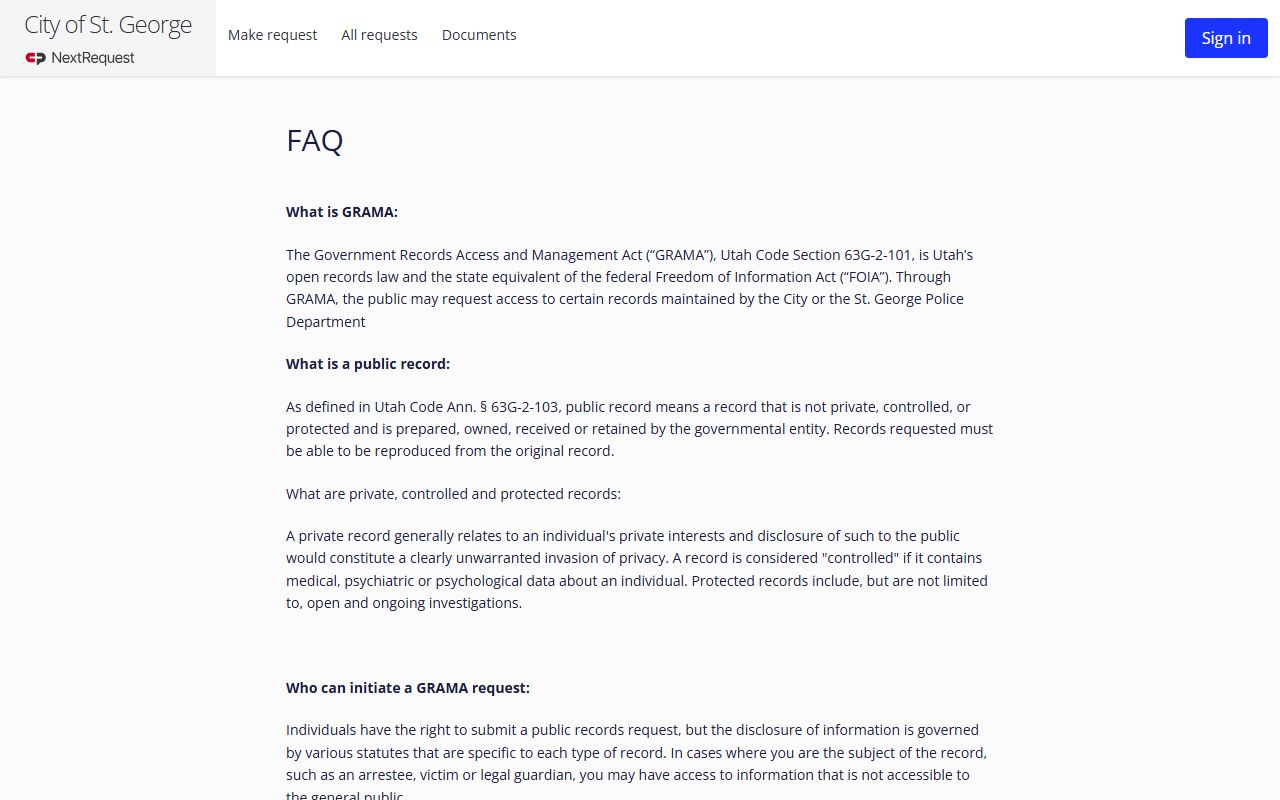 St. George police GRAMA FAQ page for St. George police records