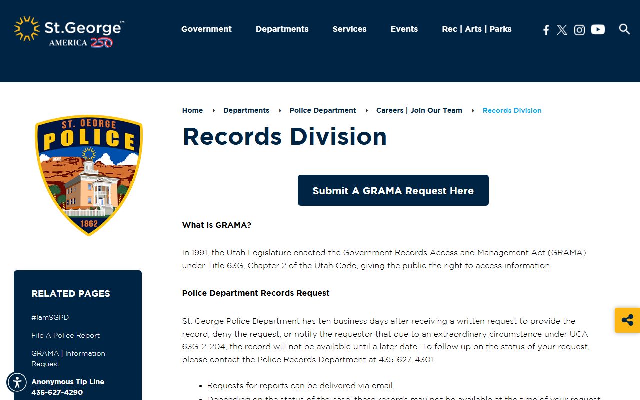 St. George records division page for St. George police records