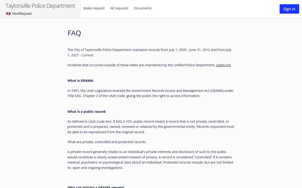Taylorsville police records FAQ page for Taylorsville Police Department