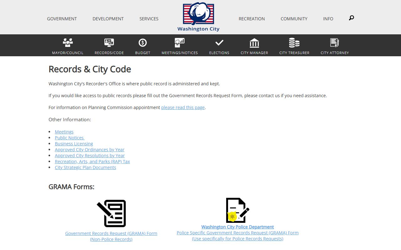 Washington City records page for Washington police records
