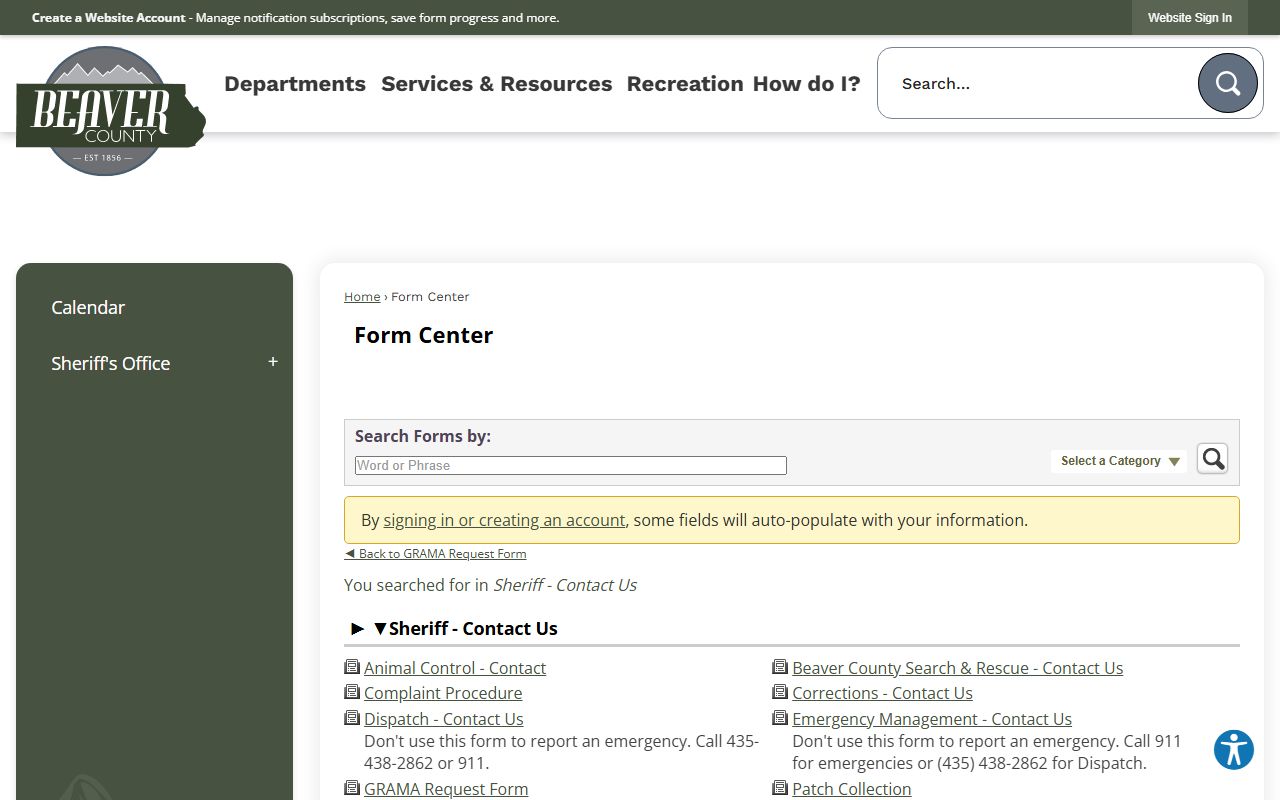 Beaver County police records form center and GRAMA request page