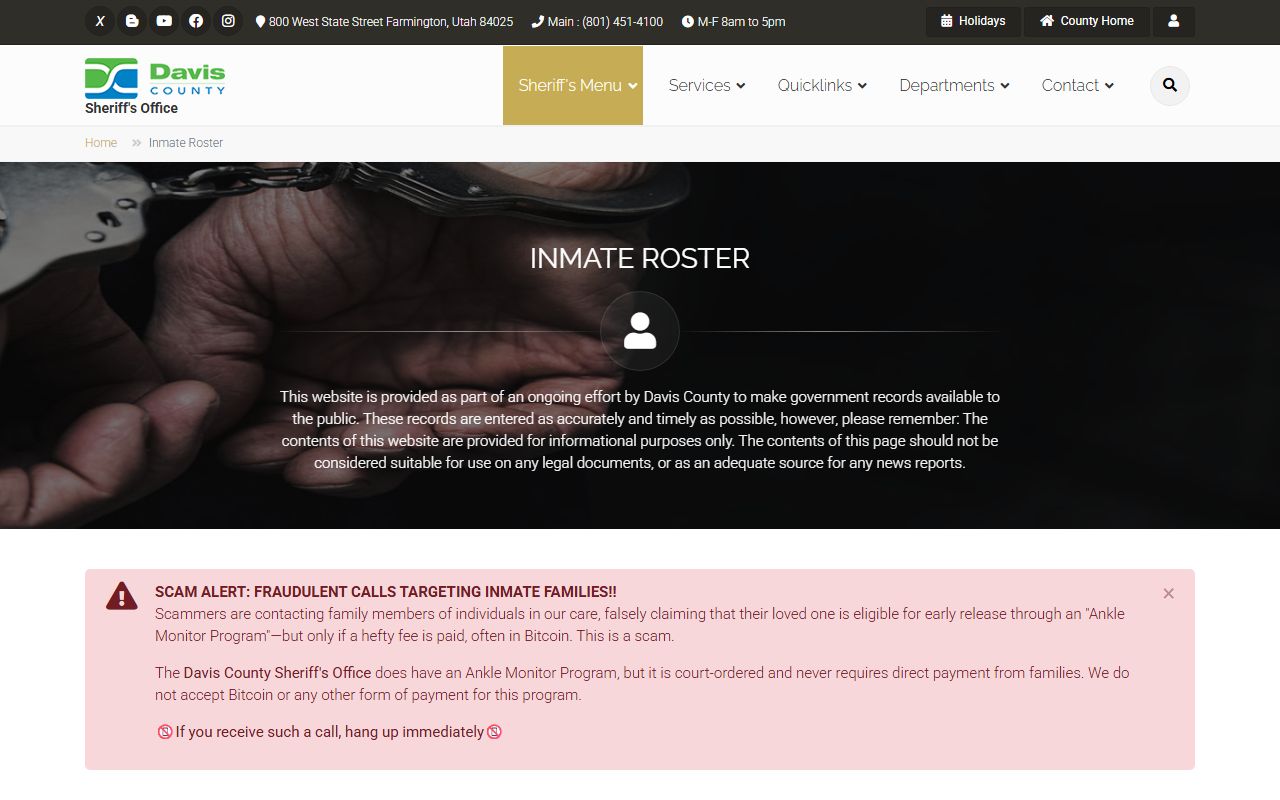 Davis County police records inmate roster page
