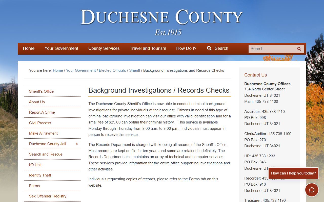 Duchesne County police records checks page
