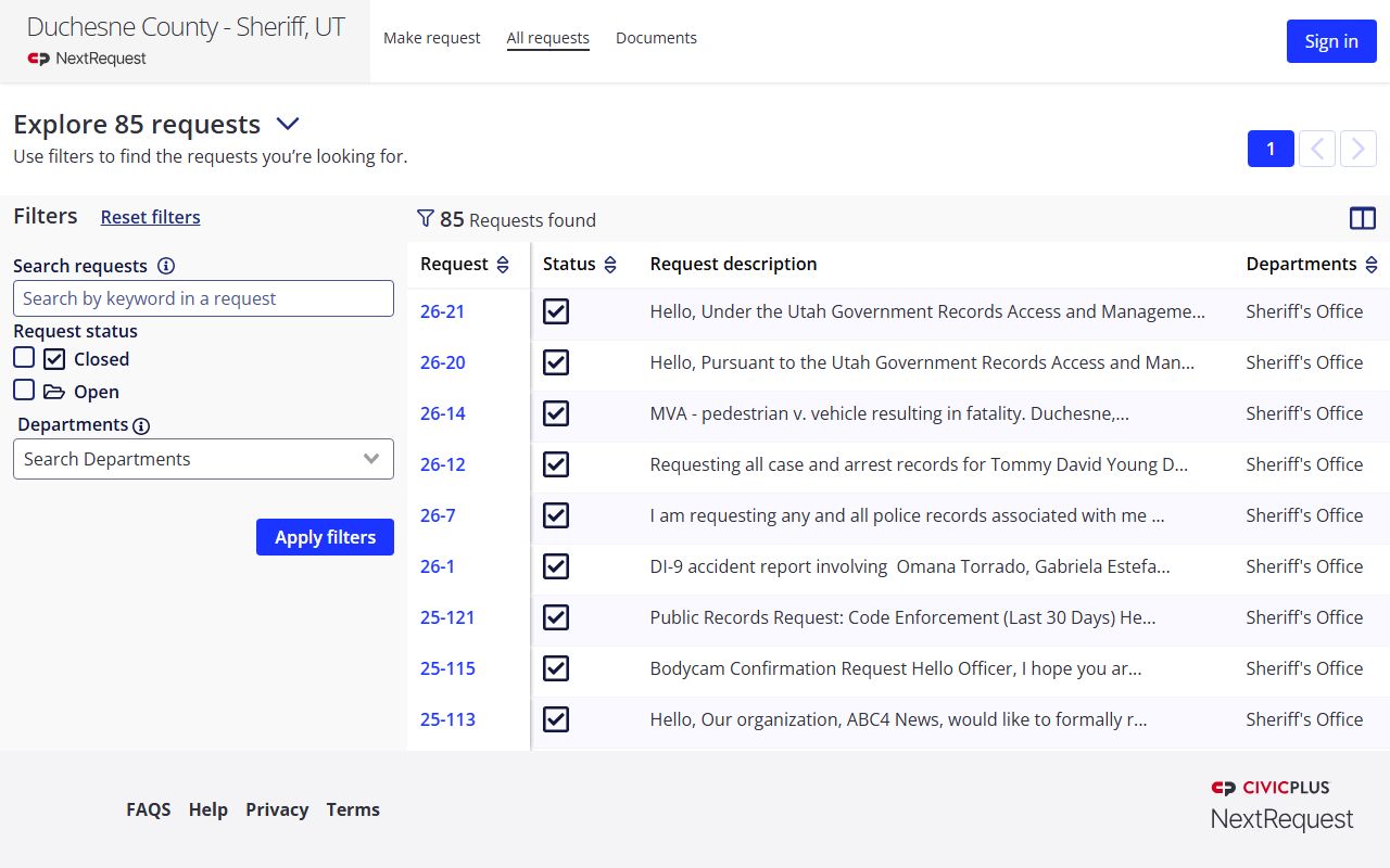 Duchesne County police records NextRequest portal