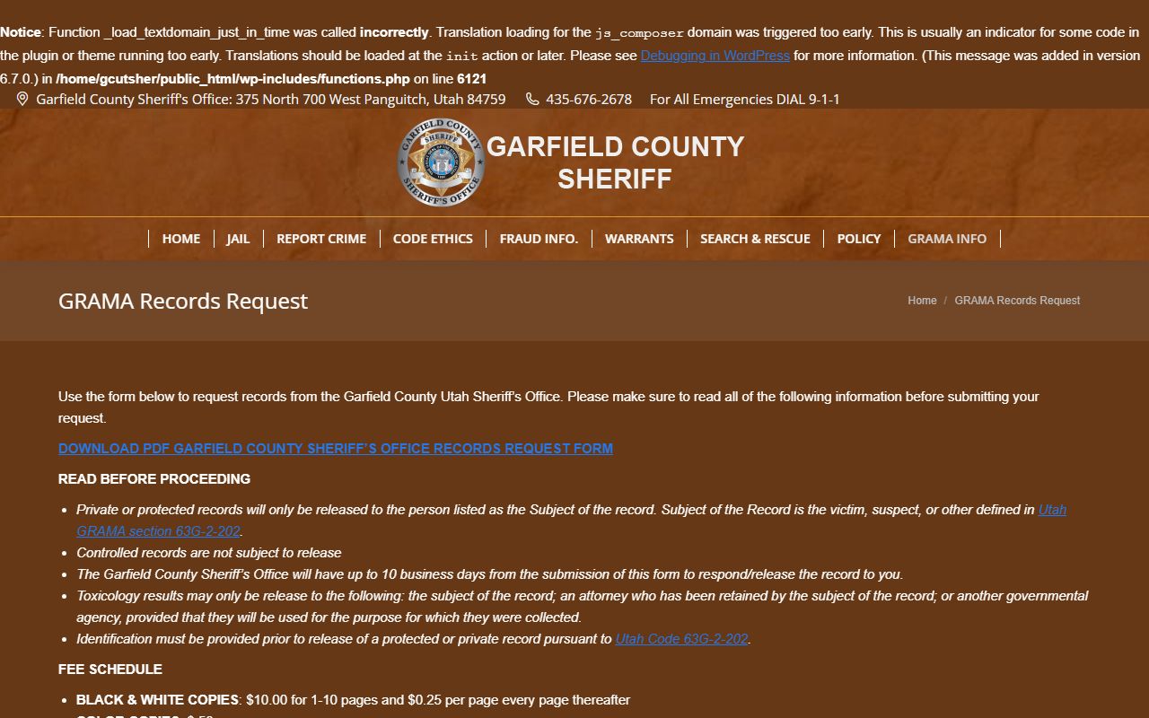Garfield County police records GRAMA request page