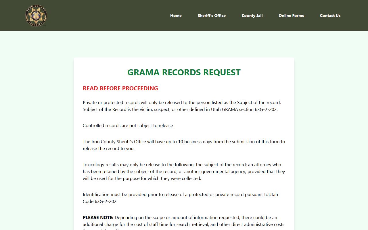 Iron County police records GRAMA request form
