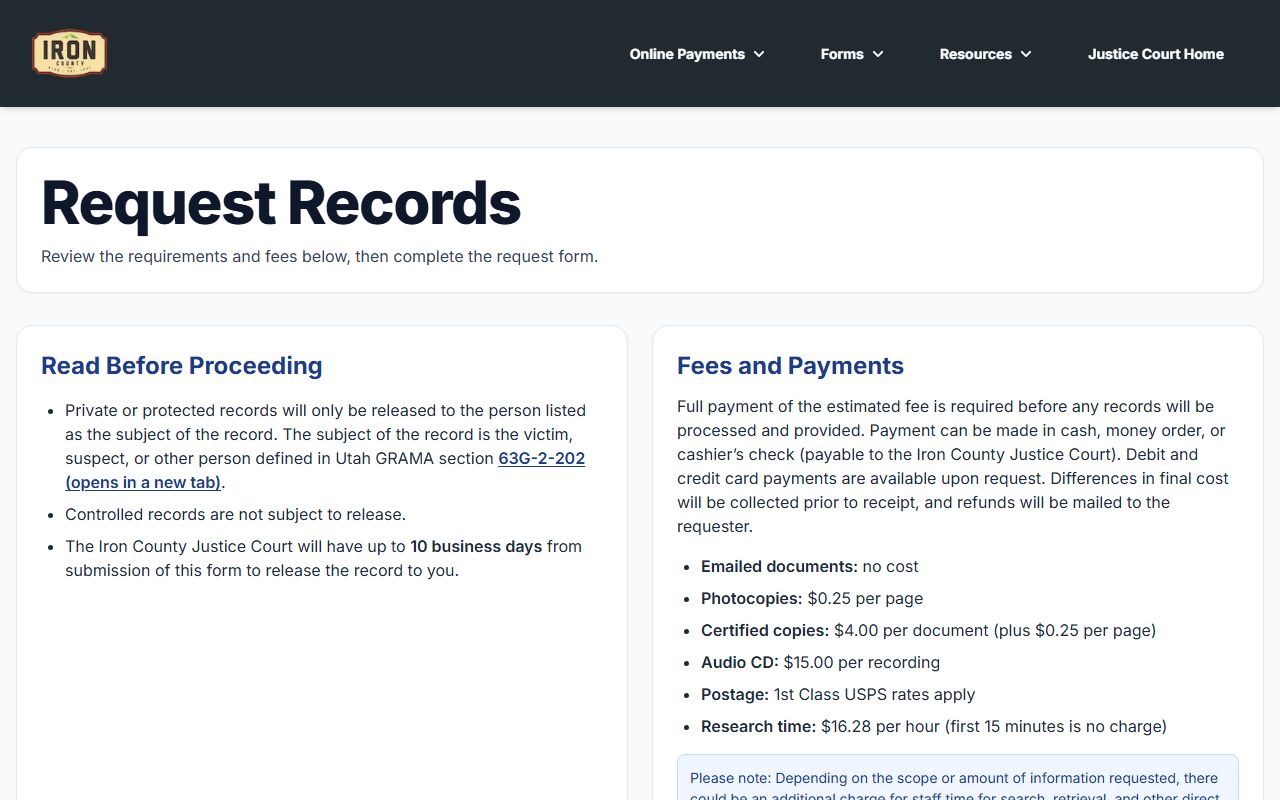 Iron County police records justice court page