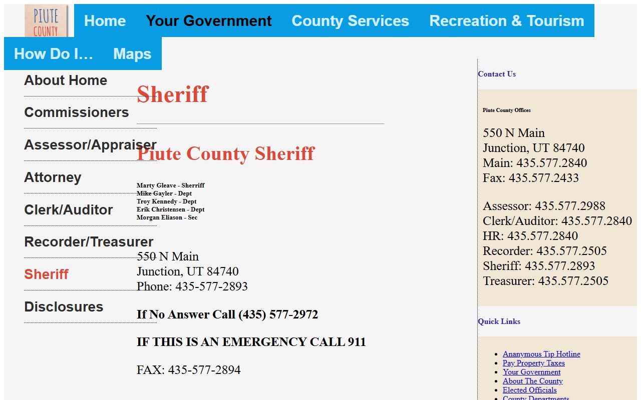 Piute County police records sheriff office page