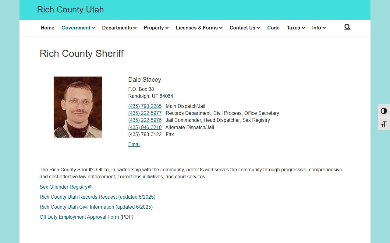 Rich County police records sheriff contact page
