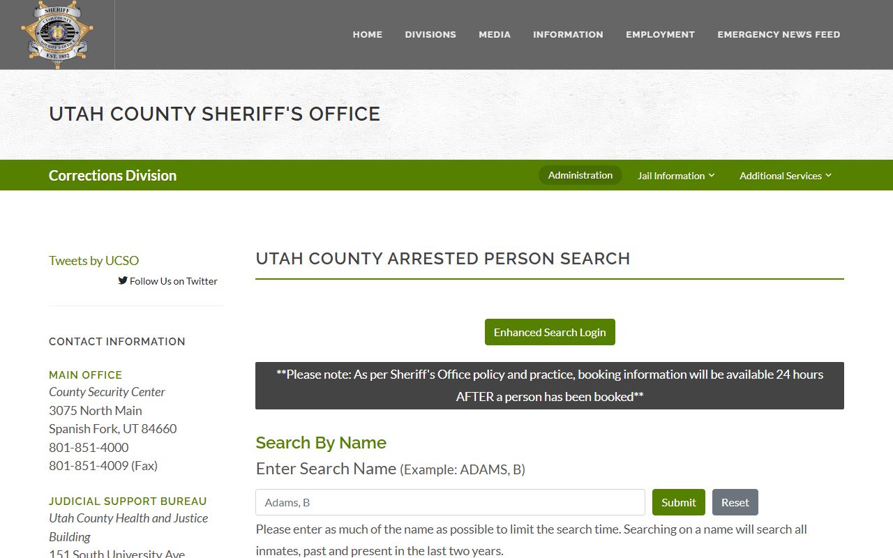 Utah County police records inmate search page
