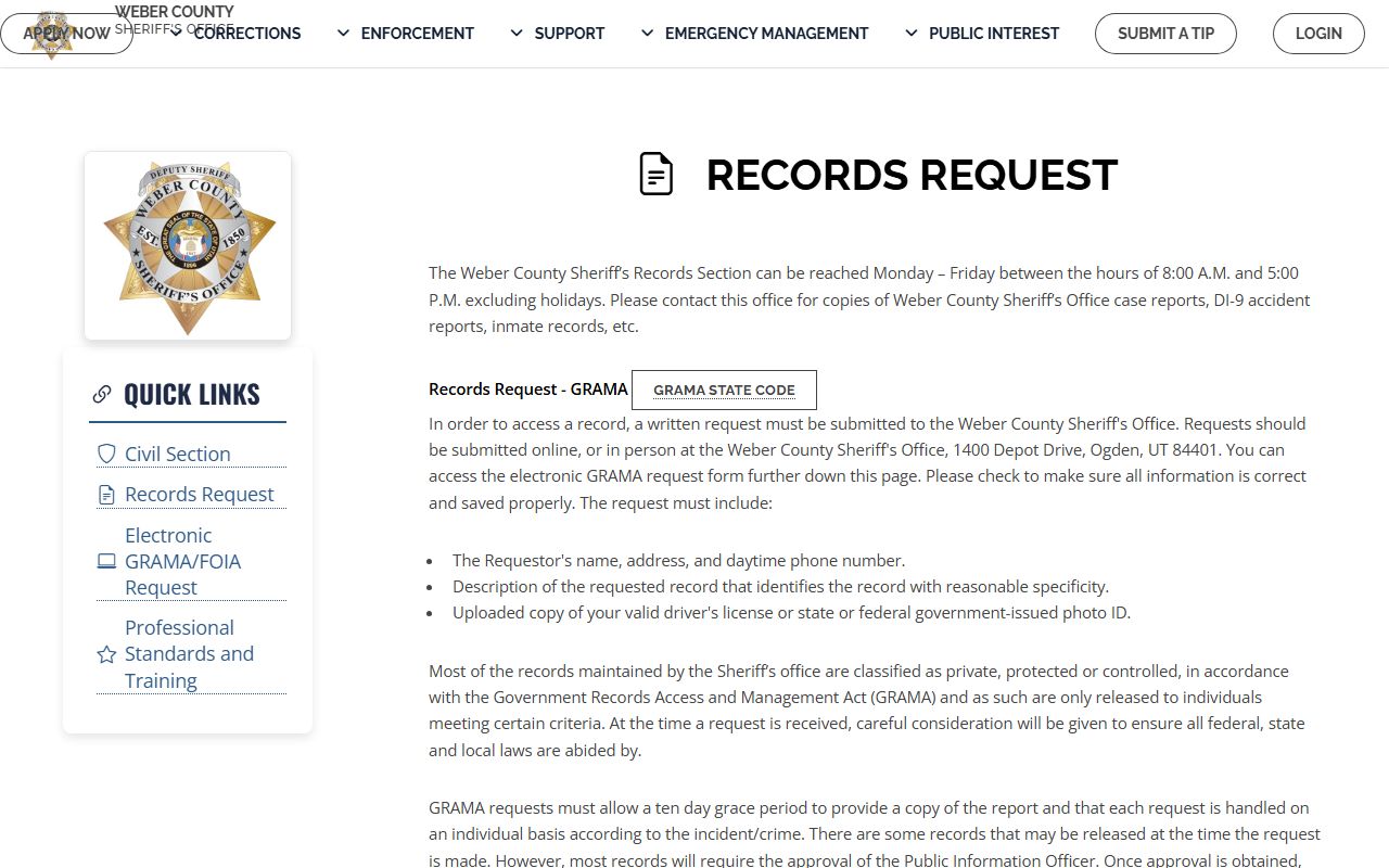 Weber County sheriff records request page for police records