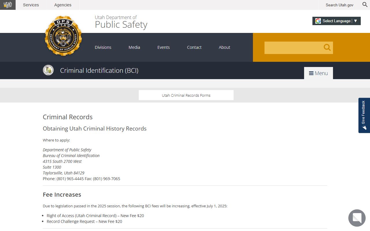 BCI criminal records services page for Utah police records