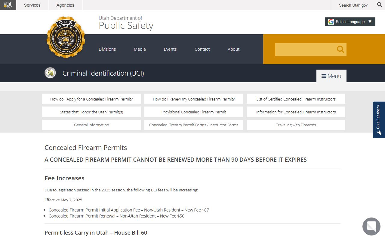 Utah concealed firearm permits page