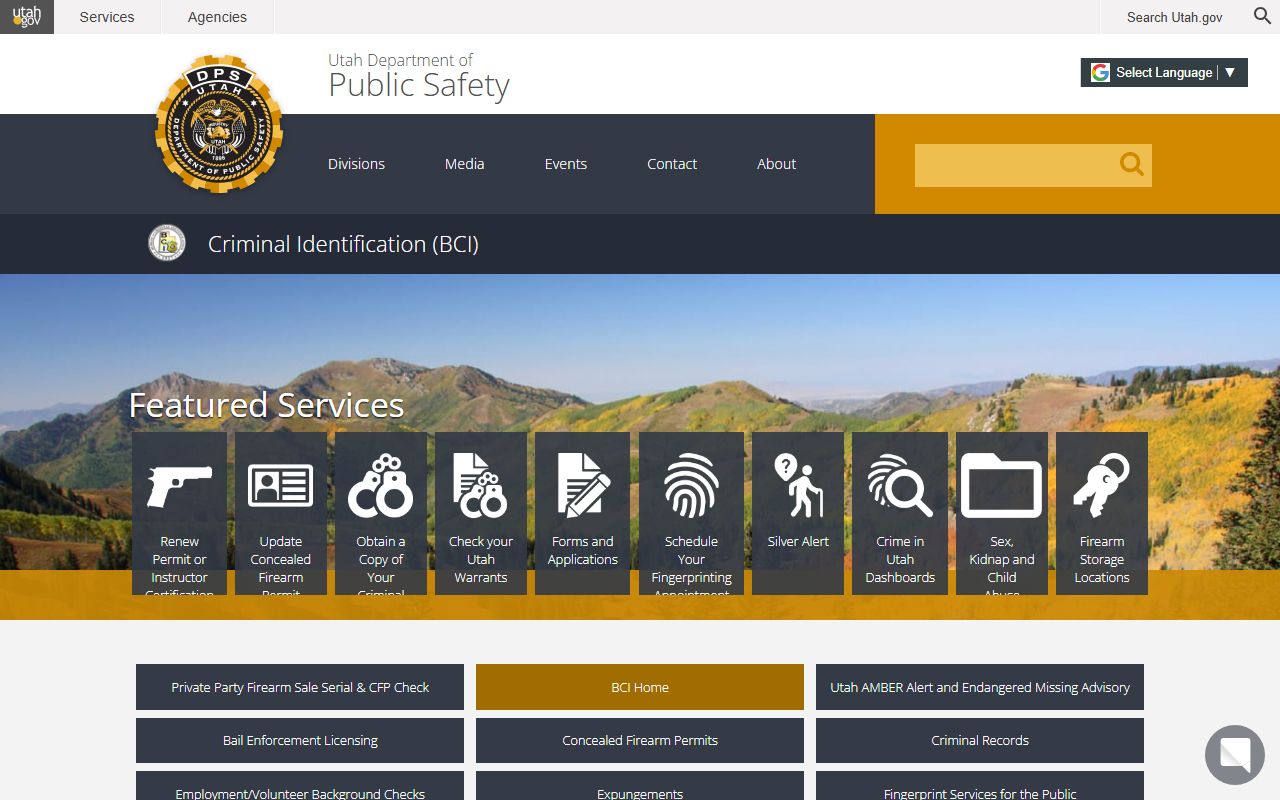 Utah Bureau of Criminal Identification homepage for Utah police records