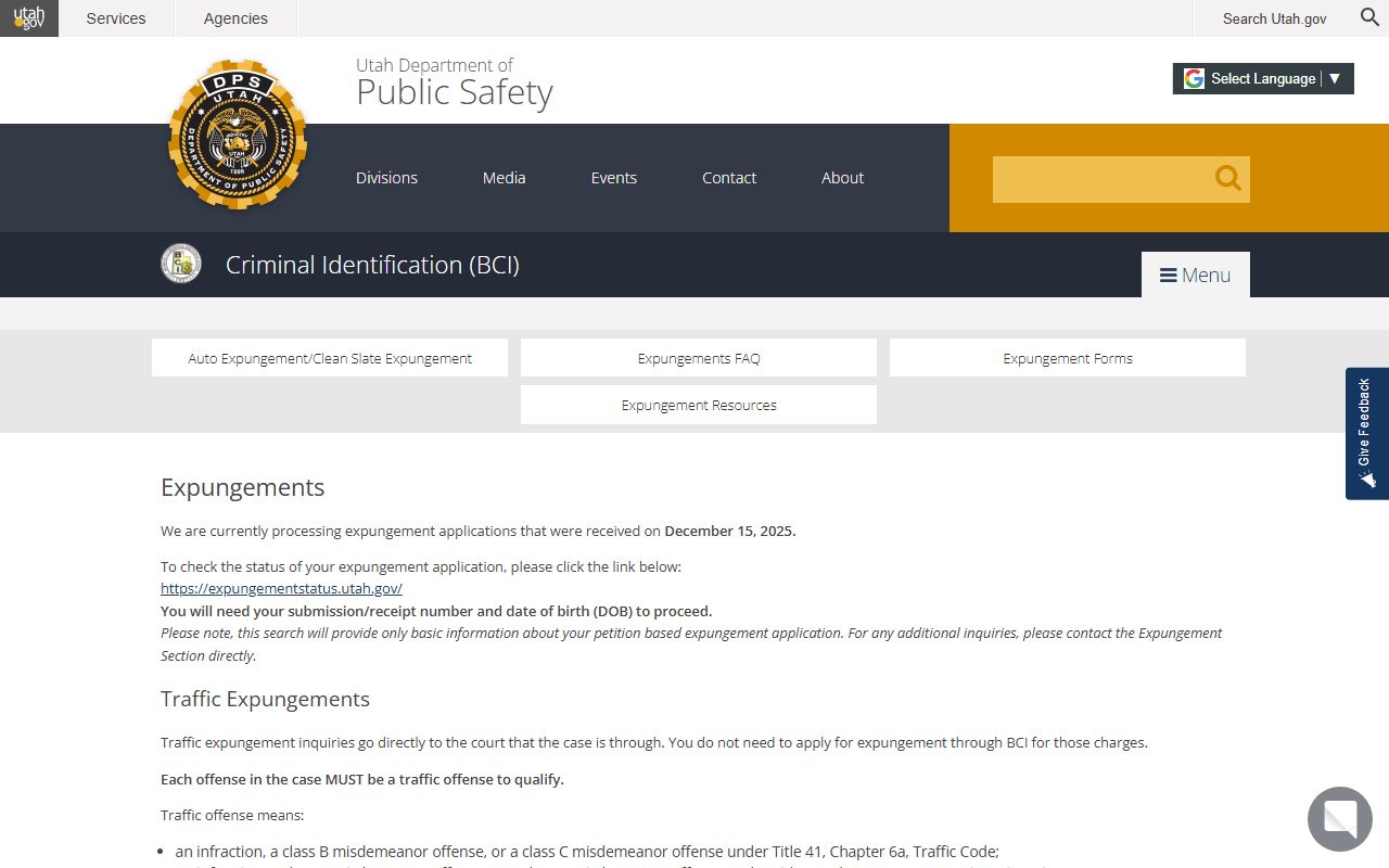 Utah criminal record expungements page for police records